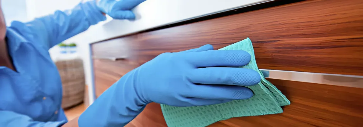 Cleaner wearing blue gloves wiping a wooden cabinet drawer with a microfiber cloth for dust and grime removal, Philadelphia, PA.